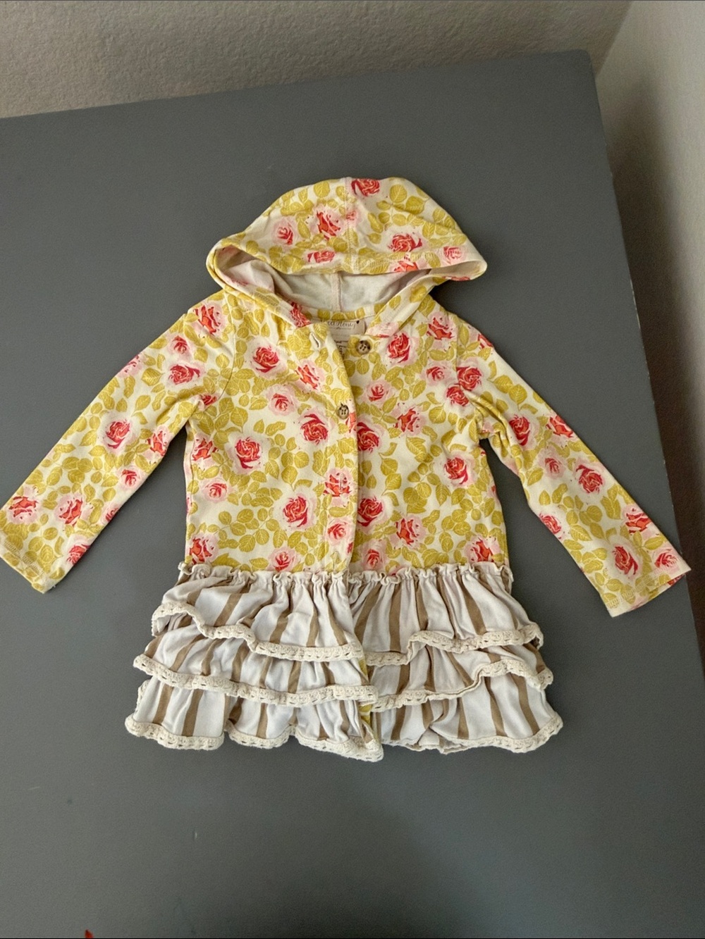 SweetHoney Yellow Floral Hooded Ruffle Jacket with Pink Roses